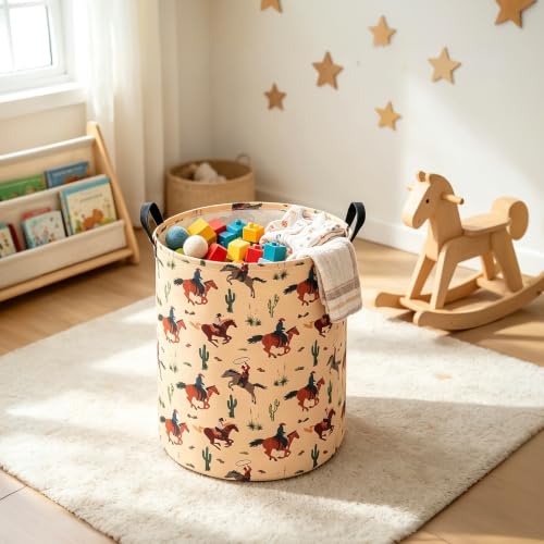 Image of Round Laundry Basket Collapsible Storage Organizer Cactus Cowboy | Waterproof Canvas Foldable Baskets with sturdy Handles Multi-scene Organizer for Home Play Bedroom Gift Bin