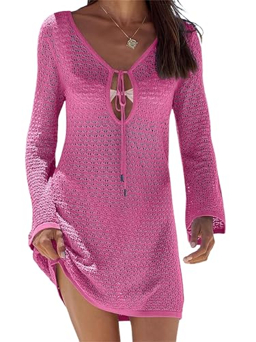 Image of Felcia Womens Crochet Swimsuit Coverup Summer Sexy V Neck Hollow Out Long Sleeve Mesh Knit Beach Dress (A-Pink, M)