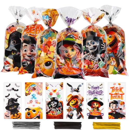 LOKIPA Halloween Treat Bags 120PCS Halloween Cellophane Candy Goody Bags with 150 Twist Ties for Holiday Trick or Treat Party Favors (6 Styles)