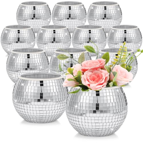 Image of Jinei 12 Pcs Silver Mirror Disco Ball Vases for Wedding Flowers,3 inch X 4 inch