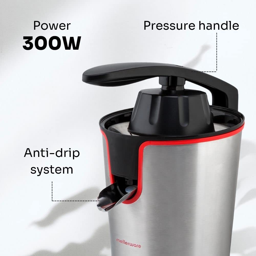 Mellerware - Spremiagrumi elettrico Professionale | 300 W | Mixer con accessori | 4 Lame | Estrattore con Velocità Regolabile e Turbo | Sistema Anti-Schizzo | Acciaio Inox | Finiture Rosse