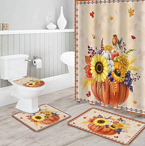 4 Piece Bathroom Set, Fall Thanksgiving Shower Curtain and Bath Mat Set with Non-Slip Rug, Toilet Lid Cover, Bath Mat, Western Southwest Pumpkin Sunflower 36″ W x 72″ L Shower Curtains Set