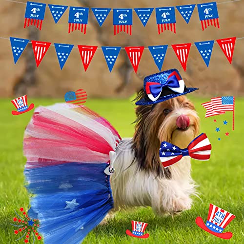 4Th Of July Dog Costume American Flag Bowtie Collar Pet Top Hat Mesh Tutu Skirt 3Pcs Patriotic Party Outfit Independence Day Dress Supplies For Dogs Cats Puppy Decorations (Red Blue White, One Size) #TOP6