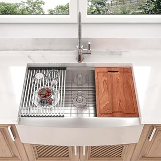 Lordear 33 Farmhouse Sink Stainless Steel Apron Front Ledge Workstation Deep Single Bowl 16 Gauge Stainless Steel Kitchen Farm Kitchen Sinks with Accessories, 9" Apron Height