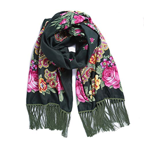 Cachecol tradicional com borla exótica impresso para mulher, quente, macio, grande, retangular, moderno, Verde escuro
