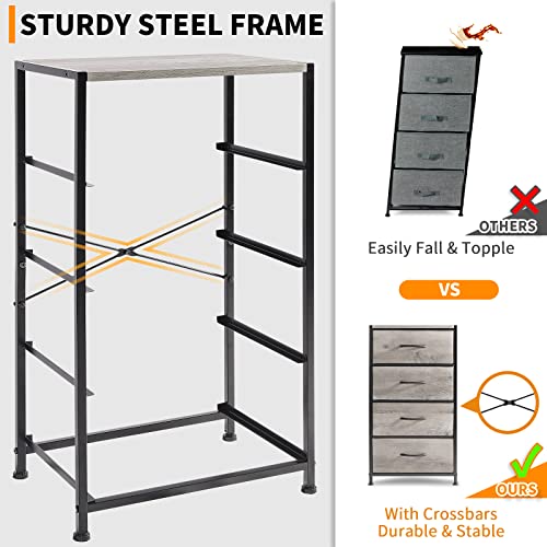 Welljoydirect Fabric Storage Drawer, Chest Of Drawer Storage Tower, Tall Dresser For Bedroom,Hall, Entryway, Fabric Organizer Unit With Sturdy Steel Frame,Wood Top,4 Fabric Bins,Easy Pull Handle Gray #TOP4
