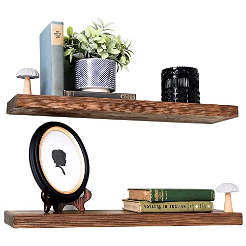 Floating Wall Shelves - Real Wood, Easy Mount Wall Shelf, Shelves For Wall Decor, Floating Shelves In Bathroom, Kitchen, Living Room - Rustic Decorative Shelves - Light Walnut 24" Set Of 2 #TOP22