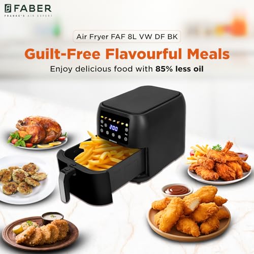 Faber 8 L 1700W Digital Air Fryer | Fry, Bake, Roast | 85% Less Oil, 200°C Swirl Heating Technology | 7-Preset Menu, Touch Control Interface, View Window, Auto Shut-Off | Black view 2