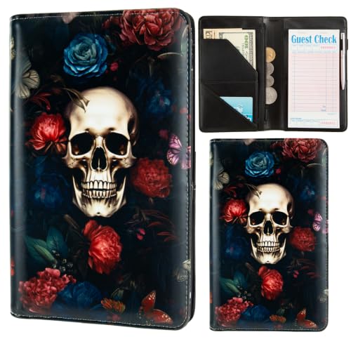 Server Books for Waitress,with Zipper Pocket Waitress Book Leather Booklet Waiter Money Organizer Wallet,Restaurant Guest Cash Check Bill Receipt Holder,Fit Server Apron (Flower Skull)