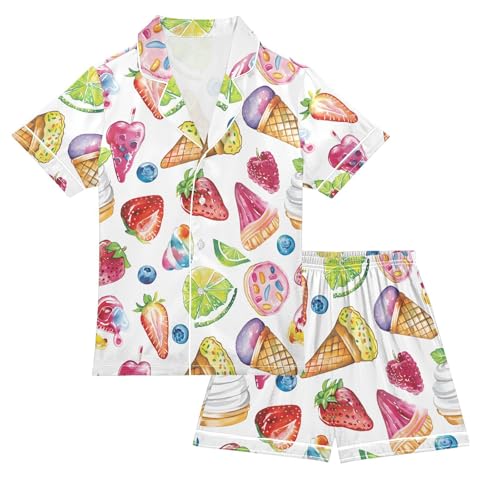 ALAZA Sweet Blueberry Ice Cream Pajamas Satin Pajama Set Short Sleeve Button Down Sleepwear