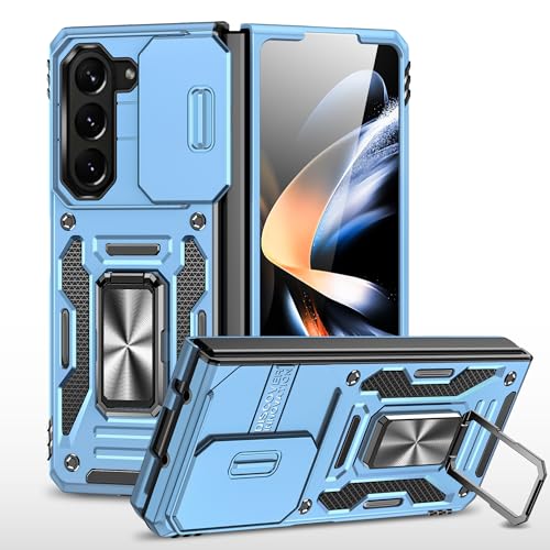 Image of Polycarbonate Slide Camera Cover with Ring Holder Mobile Phone Case Cover for Samsung Galaxy Z Fold 6 (Blue)