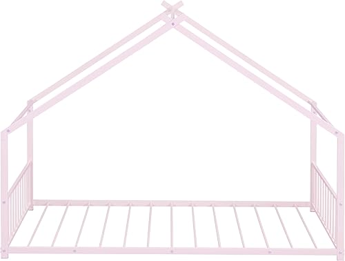 Miniatura 7 de Cama individual para niños, marco de cama individual con cabecero y estribo, cama de metal individual para niños, niñas, niños (rosa)
