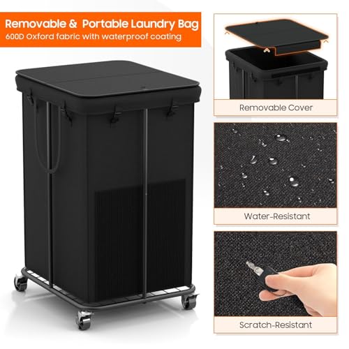 Image of 160L Laundry Hamper with Lid, Rolling Laundry Basket with Wheels, Large & Tall Dirty Clothes Hamper with Metal Frame and Removable Bag for Bedroom Aesthetic, Laundry Room, Bathroom, Dorm-Black