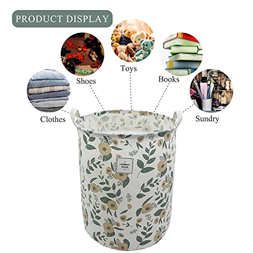Image of Mziart Collapsible Laundry Basket, Floral Printing Large Laundry Hamper for Baby Girls Kids Toys Clothes Organizer Foldable Storage Bin Waterproof Canvas Nursery Storage Basket with Handles (Green)