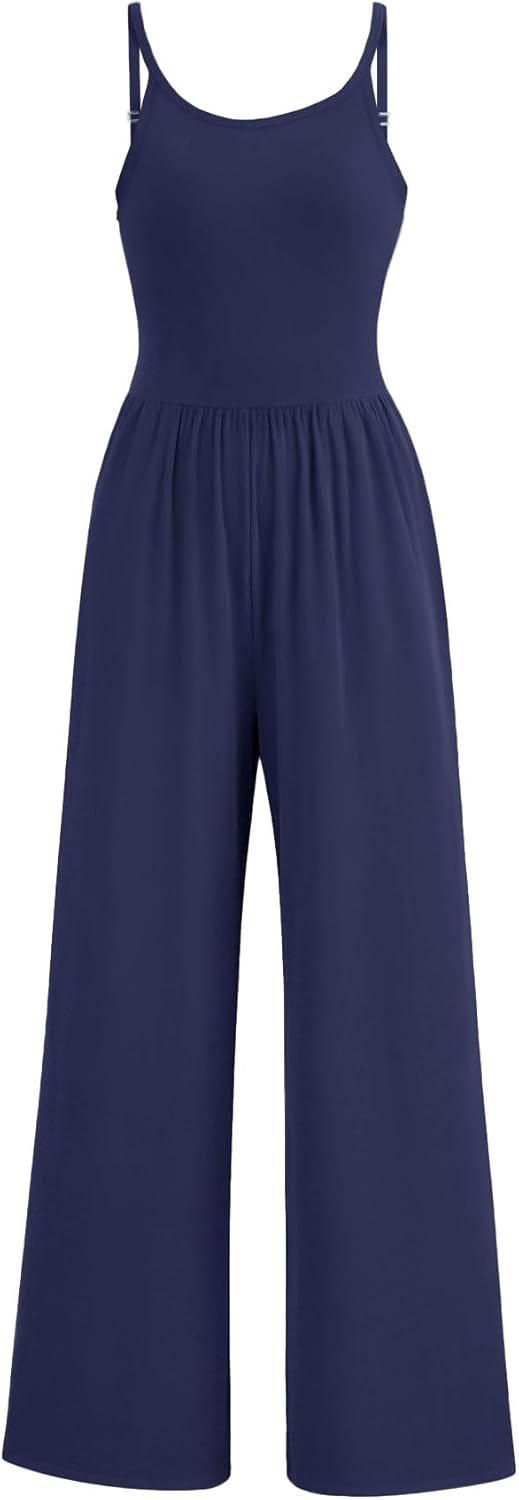 AUXDIO Women's Casual Sleeveless Jumpsuits One Piece Spaghetti Strap Crew Neck 2025 Wide Leg Pant Romper with Pocket