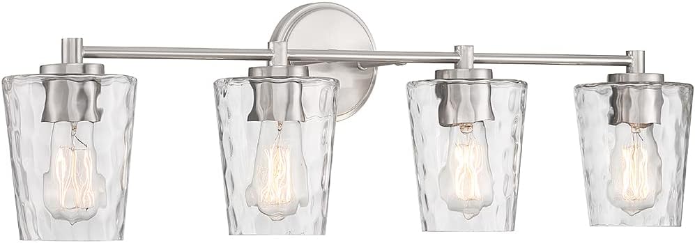 Savoy House 8-5606-4-SN Ballas Vintage Coastal Clear Hammered Glass Bathroom Vanity Wall Light, 4-Light 240 Total Watts, 10" H x 32" W, Satin Nickel