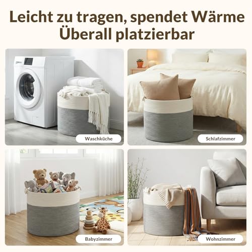 COSYLAND Aufbewahrungskorb Groß für Wohnzimmer, geflochtener Wäschekorb aus Baumwollseil, Wollkorb/Spielzeugkorb, Deckenkorb Wohnzimmer/Korb für Decken, 56×36 cm, Weiß Grau