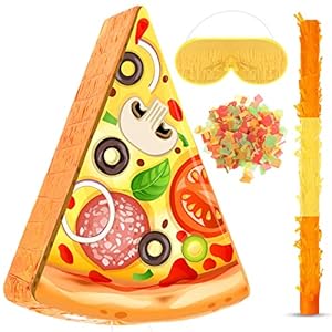 Pizza Pinata Mexican Pinata Party Favor Includes Stick Blindfold Bat and Confetti Pizza Pinata for Birthday Party Cinco De Mayo Pinata Decor for Mexican Themed Party Supplies, 16.1 x 13 x 3.2 Inches