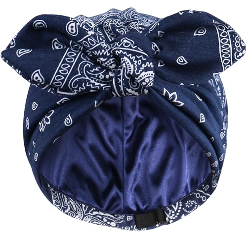 Ababalaya Satin Lined Beanies for Women Chemo Headwear Silky Lined Cotton Sleeping Cap (1, Navy Blue)