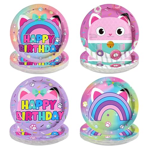 LADVCORP 60 Pcs Dollhouse Birthday Paper Plates - 7 Cute Cartoon Cat Theme Dessert Paper Plates Disposable Cartoon Dollhouse Platters for Girls Boys Pink Birthday Party Supplies