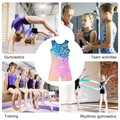 Funnycokid Gymnastics Leotards for Girls Dance Outfits Unitard Sparkly Clothes with Shorts, Diamond Blue Light Pink, 5-6 Years - Thumbnail 4