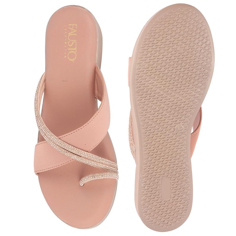 Image of FAUSTO Women Embellished Shimmery Cross Strap Toe Ring Wedding Slip On Slippers | Soft Cushioned Footbed Wedge Sandals | Party, Mehndi, Festive