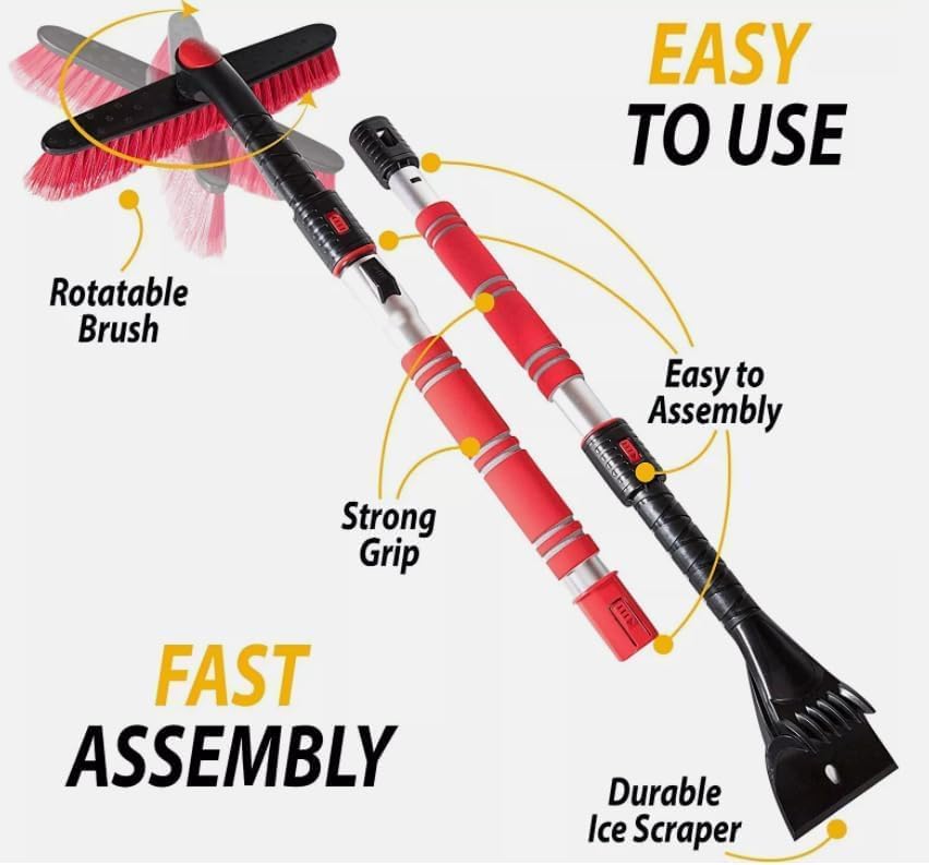 62" Portable Extendable Snow Brush and Ice Scraper 360° Pivoting Brush Head