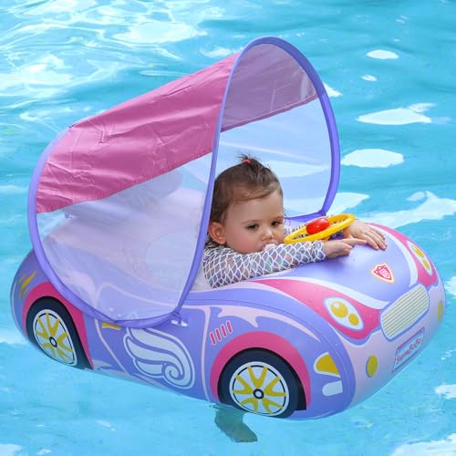 Swimbobo Toddler Pool Float Inflatable Car Baby Swim Float with Adjustable Sun Canopy and Safety Seat Pool Toys for Kids 3+ Years Old(Purple Pink Car)