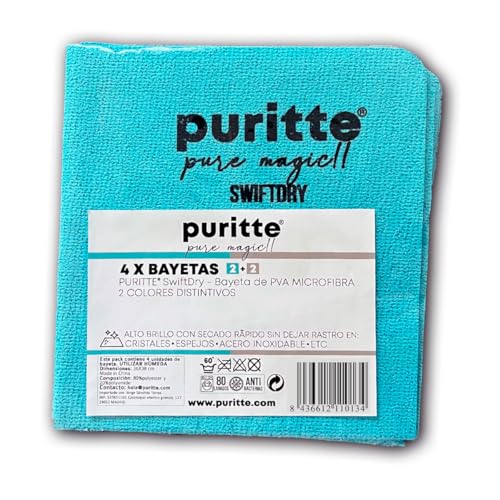 Puritte SwiftDry Bayetas de PVA Microfibra (4 Unidades 2+2) – Ultra Absorbentes y Duraderas, para Limpieza Eficiente y Sostenible, Multiusos, 36x38 cm, Azul y Gris