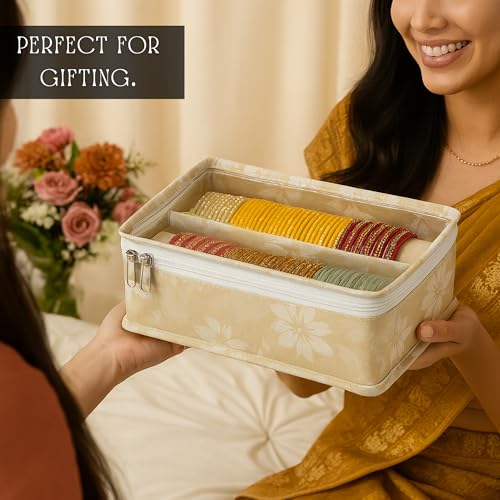 Image of PVC 2- Rod Bangle Box Organizer for Women | Hard Board Chudi Storage Box with Removable Rods & Transparent Top Window | Jewellery Organizer | Beige, Pack of 4