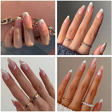 JUSTOTRY 4 Packs (96 Pcs) Almond False Nails Short, White French Press on Nails Pattern, Oval Fake Nails Short with Nail Glue, Pretty Stick on Nails for Women, Nails Fake Nail for Nails Art