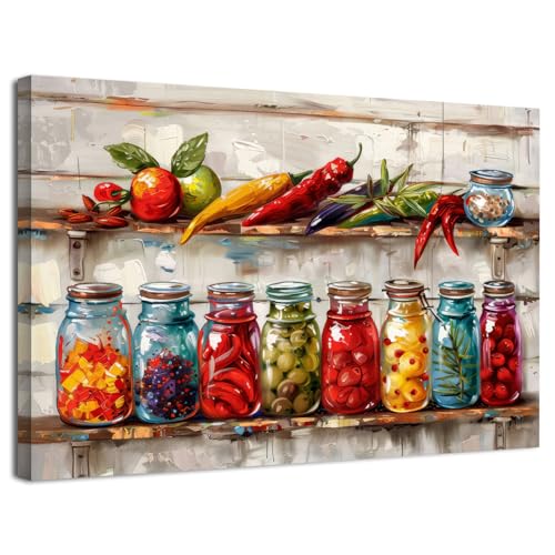 Colorful Kitchen Wall Decor Mason Jar Canvas Wall Art Farmhouse Spices Food Prints Pictures Rustic Still Life Painting Vintage Herbs Vegetables Poster Artwork for Dining Room Home Decorations 12x16'