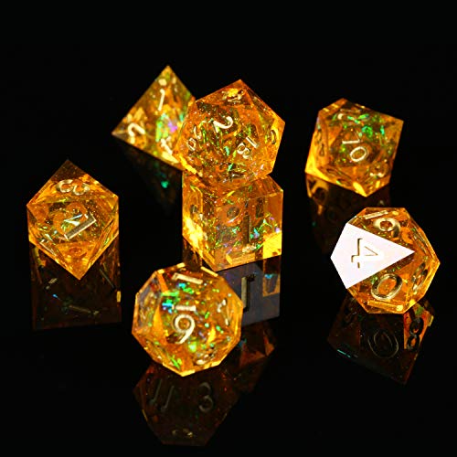 AUSPDICE DND Dice, DND Dice Set, Dungeons and Dragons Dice, Sharp Edge Dice with Beautiful Inclusions (Citrine Color)