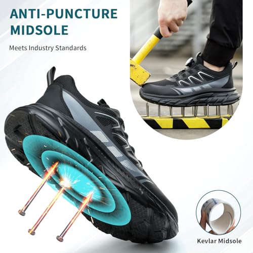 RASEARY Sicherheitsschuhe Arbeitsschuhe Herren Damen Bequem Stahlkappenschuhe Leicht Atmungsaktiv Industrielle Arbeitsschuhe mit Drehschnallen Schnürsenkeln,Schwarz EU 42