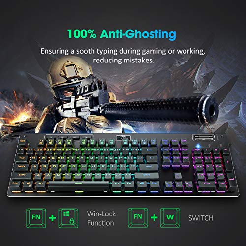 PICTEK Mechanical Gaming Keyboard- 104 Keys Red Switch - Programmable, Chroma RGB LED Rainbow Backlit, Spill-Resistant 100% Anti-Ghosting USB Wired Illuminated Gamers Keyboard for Desktop, Computer