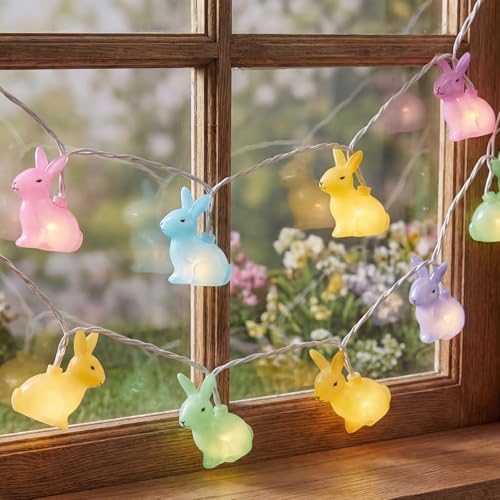 GOOTHY Easter Rabbit String Lights Plug in, Indoor Outdoor Easter Decorations Lights with 10 LED Colorful Bunny Light, H - Detailed View