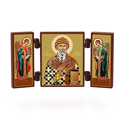 NClaus - Saint Spyridon - Christian icon - travel altar small wood triptych 36156, 9.5L x 5.2W cm