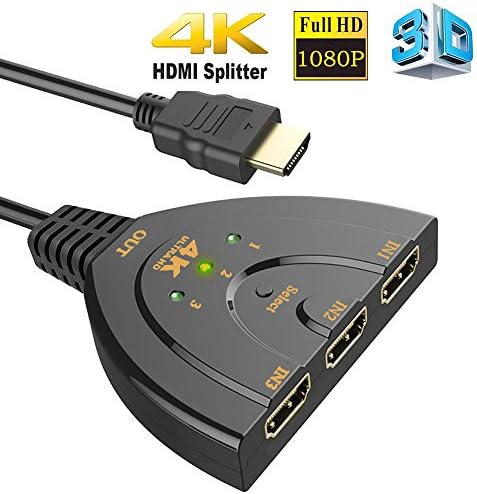 WOLLGORDHDMI Switch 4K, 3 Port HDMI Switch HDMI Switcher 3 in 1 Out with High Speed Pigtail Cable Supports Full HD 4K 1080P 3D Player