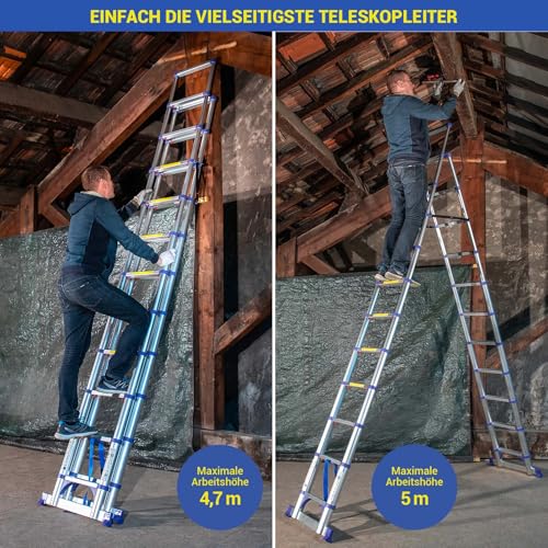 Teleskop-Trittleiter mit 12 Stufen EXTENDACT12, Teleskopleiter 3,5m+3,2m, Faltbare Trittleiter, Stabilisator, Max. Arbeitshöhe 5m, 5 Jahre Garantie, Hostrom