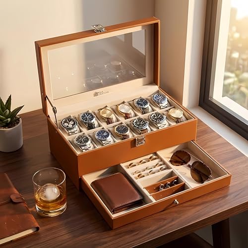 Image of Folk Creations Watch Box Organizer for Men & Women - 12 Slot Double Layer Luxury Watch Case, Premium PU Leather Jewelry Display Case with Transparent Top, Large Watch Holder & Tray Storage (Tan)