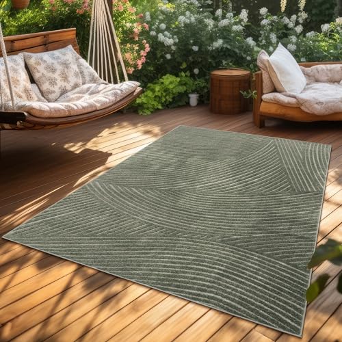 Paco Home Tapis Exterieur Terrasse Salon Cuisine Motif Scandinave Motif Boho Uni, Dimension:160x220 cm, Couleur:Vert 2