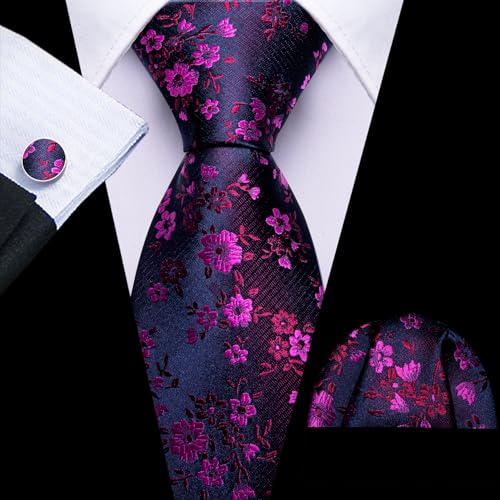 Image of Barry.Wang Men Tie Set Floral Paisley Silk Necktie Pocket Square Cufflinks Formal Wedding Party Business