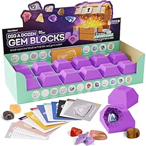 Dig a Dozen Gem Blocks – Break Open 12 Unique Gemstone Blocks and Discover 12 Real Precious Stones – Mineral & Rock Collection for Kids – Archaeology Geology Science Gift for Boys & Girls