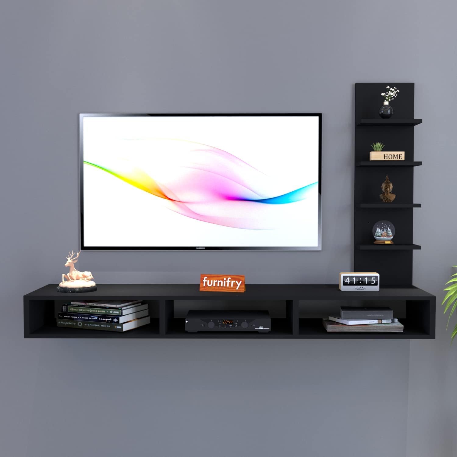 Furnifry Engineered Wood TV Entertainment Unit/TV Cabinet for Home, Living Room/Bedroom/Set Top Box Holder/Wall Mounted Media Console Entertainment Storage Shelf - Ideal for TV Upto 42" (Black)