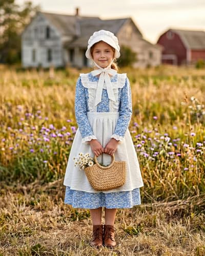 Disfraz Colonial Prairie para Niñas Azul con Delantal y Capota miniatura 3
