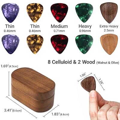 Onmiwod Guitar Pick Holder Set with 2 Color Wood Picks and 8 Celluloid Picks in 3 Thicknesses, Wooden Guitar Pick Case, Mini Jewelry Box, Guitar Music Accessories Gifts for Guitar Lover Player