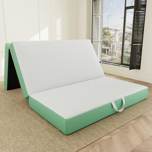Image of ROXGOX Memory Foam Trifold Mattress, Queen Portable Floor Bed 6 Inch, Foldable Mat with Washable Cover, Handle & Non-Slip Bottom, for RV, Travel, Camping, Yoga, 78"x58"x6", White Green