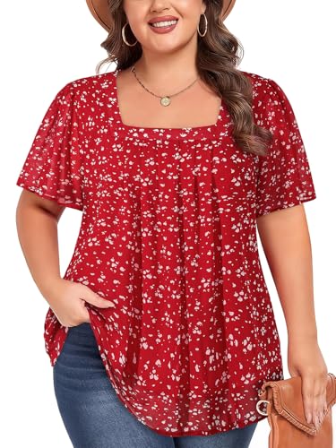 Siddhe Plus Size Chiffon Tops for Women Short Sleeve Square Neck Summer Dressy Blouses Loose Tunic