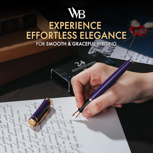 Image of Wordsworth & Black Luxury Fountain Pen Set for Writing, Medium Nib, Purple | Gift for Men & Women, Brass Body, 18K German Iridium, Calligraphy, Converter + 24 Ink Cartridges, Refillable, Leak-Free
