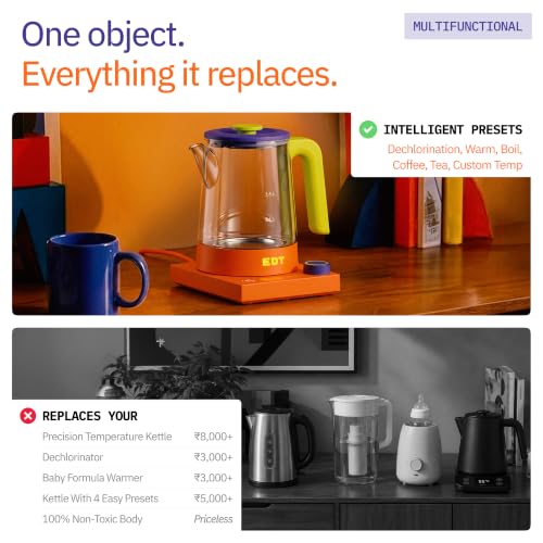 Image of EDT Flow Pureglass Electric Kettle 1 Litre with Precision Temperature Control ±1C and Multipurpose Hot Water Presets for Coffee, Tea, Boil, Warm Water | 700W | Rubik